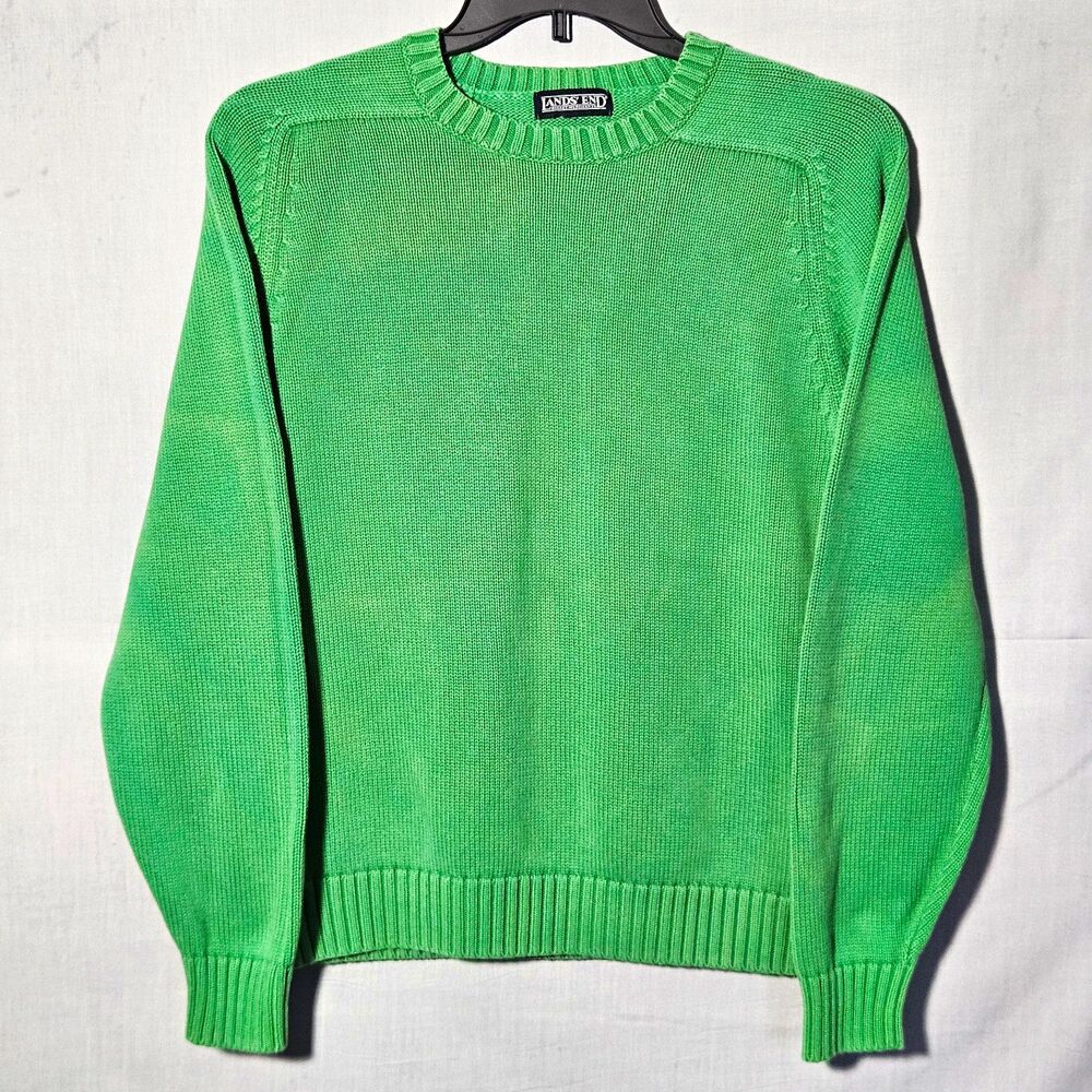 VTG 80s Lands End Crewneck Sweater Unisex M/L Green Cotton Knit Direct Merchants